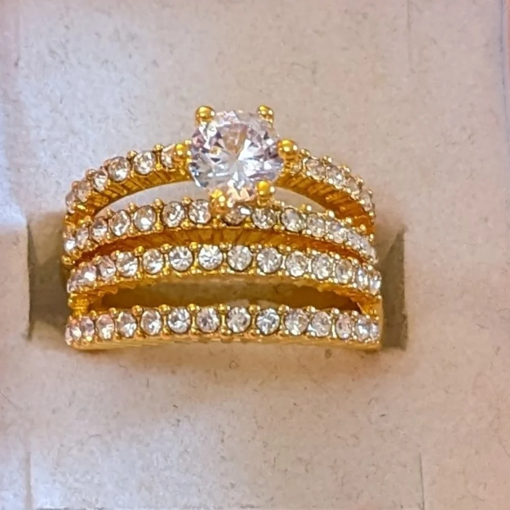 Gold Tone CZ Engagement Ring & Wedding Band Set – Size 7, T2B4K